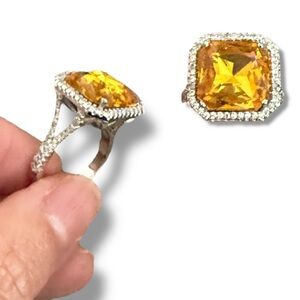 Ring, Elegant Gold and Silver Ring with Yellow Gemstone, Cocktail, Elegant CZ 6